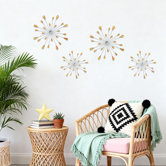 ZEXUIRU 4 Set Silver Starburst Wall Art for Home Decor Metal Bling Crystal Rhinestones Sunburst Wall Decor Sparkling Rhinestone Art Accent -Orange 13in/11.8in/9.8in/9.8in - Image 9