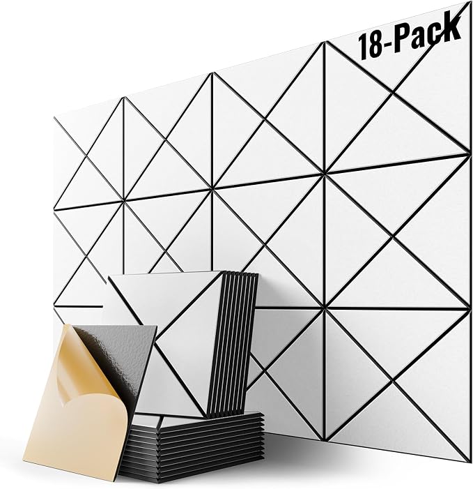 18 Pack Acoustic Panels, 12" x 12" x 0.4" X-Line Soundproof Wall Panels | Self-Adhesive, High-Density, Easy Install, Cuttable, For Bedroom, Living Room, Home & Office, White on Black by Lebenforce