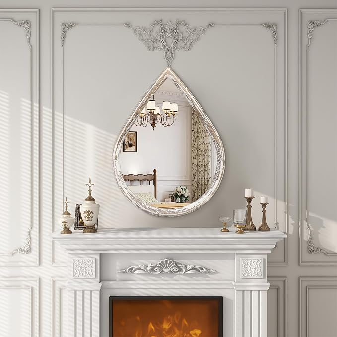 Farmhouse Wall Hanging Mirror Drop Shaped Mirror with Wood Framed Wall Mirror Vintage Decor for Bedroom Living Room Bathroom Entryway - Image 3