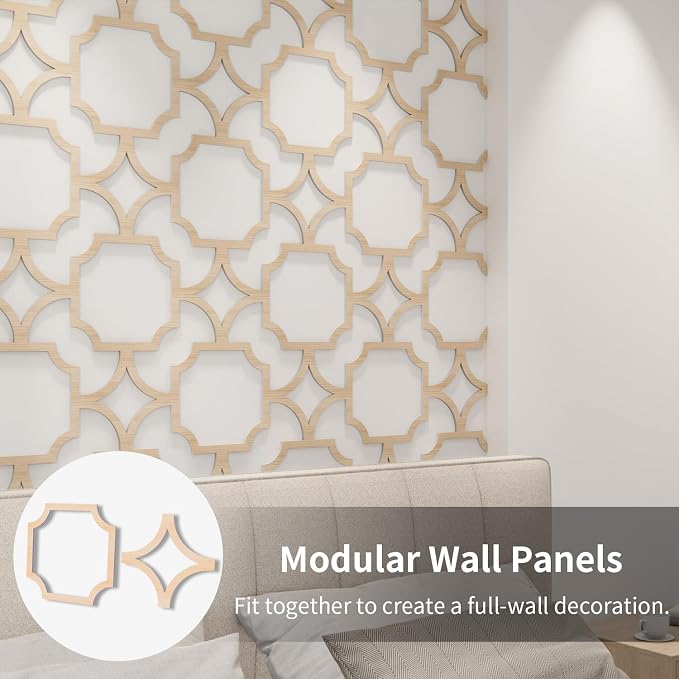 8PCS PVC Modular Decorative Fretwork Wall Panels for Living Room Lobby Bedroom, Star Lattice-Oak Faux Oak Wood Texture - Image 3