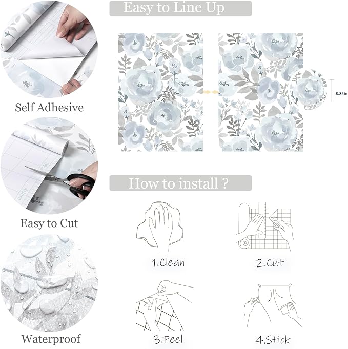 Orainege Floral Wallpaper Peel and Stick Wallpaper Removable | 17.3inx196.8in Self Adhesive Wall Paper Boho Contact Paper Decorative Wallpaper for Bedroom Bathroom Decor Vinyl,Blue - Image 5