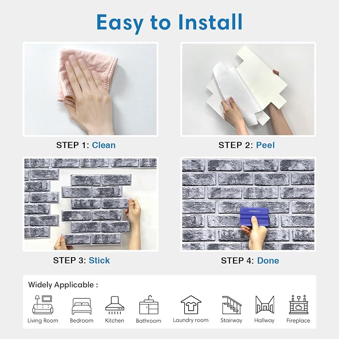 COMSTICKC 3D Faux Brick Wall Panels Peel and Stick, 10 Pcs 11.8" x 11.8" | Whitewash Black, Not Real Brick, Small Size, Thin PVC Brick Wall Sticker Covering Wallpaper for Wall Upgrades,Cover 9.7 sq ft - Image 8