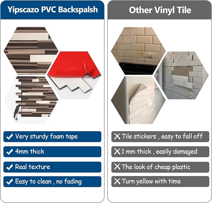 Yipscazo 10 Sheets Peel and Stick Stone Metal Tile Backsplash, Stick on Tiles for Backsplash Kitchen, Bathroom, Laundry Room, Camper, Fireplace (12'' X 12'', Brown Wood) - Image 7