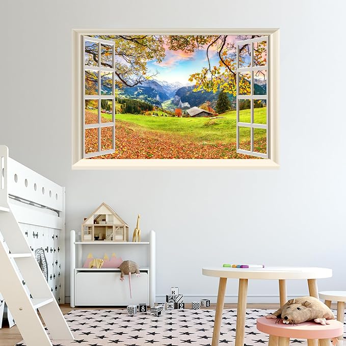 Fake Window Wall Decal- Fall Mountain Tree Grassy Hills Open Wall Sticker | Faux Window Autumn Mountain Rustic Hut Natural Landscape Mural｜Stick and Peel Wall Decals｜Room Decor｜48"x32",Set of 2 Sheets - Image 5