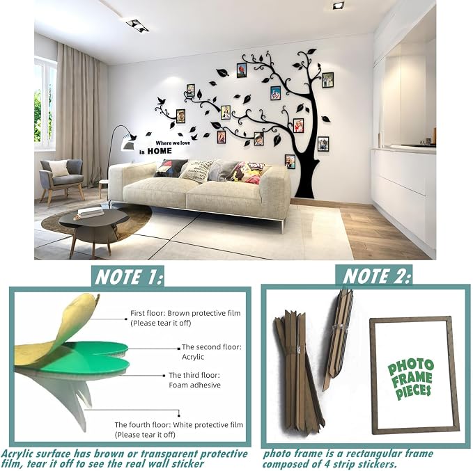 3D Tree Wall Stickers - DIY Photo Frame Tree Wall Decal Family Photo Frame Sticker Murals Wall Decor Living Room Bedroom TV Background Home Decorations (M:83 * 59in,Black Left) - Image 6