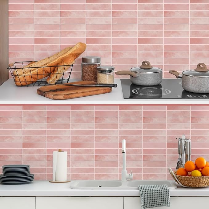 Peel and Stick Backsplash 3D Wall Tiles,Self-Adhesive,Oil Proof,Waterproof, Removable Wall Panels for Kitchen & Bathroom,Modern Design, Easy Install (10.7ft，12x9 inch,14 Pack) (Pink) - Image 8
