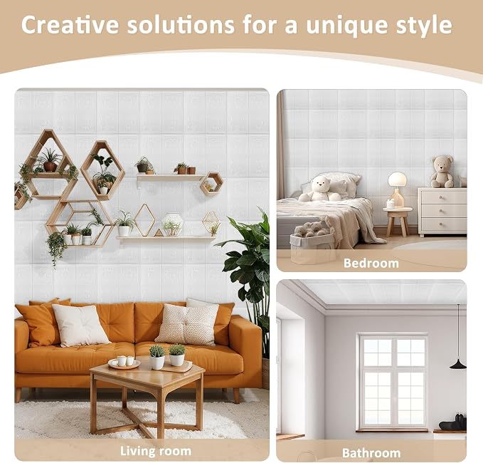 Nuanchu 80 Pcs 13.8 x 13.8 Inch Ceiling Tiles Peel and Stick, Fresh | Foam White 3D Wall Panels 26-105.5 Sq. ft Adhesive Glue up Waterproof Wallpaper for DIY Office Home - Image 5