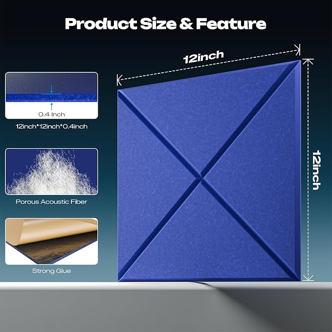 Sonicism 12 Pack X-Lined Acoustic Panels with Self-Adhesive, 12"X 12"X 0.4" Sound Proof Foam Panels, Decorative Soundproof Wall Panels, Sound Absorbing Tile for Home & Offices, Blue - Image 2