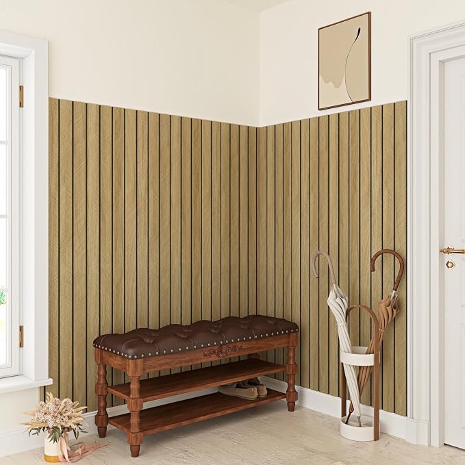 Brown Wood Wall Panels Self Adhesive 3D Peel and Stick Wood Panels | Removable Acoustic Wall Paneling Faux Wooden Stick on Wall Panels for Bedroom Living Room Panel Slat Wallpaper 11.8 x 118 in - Image 4