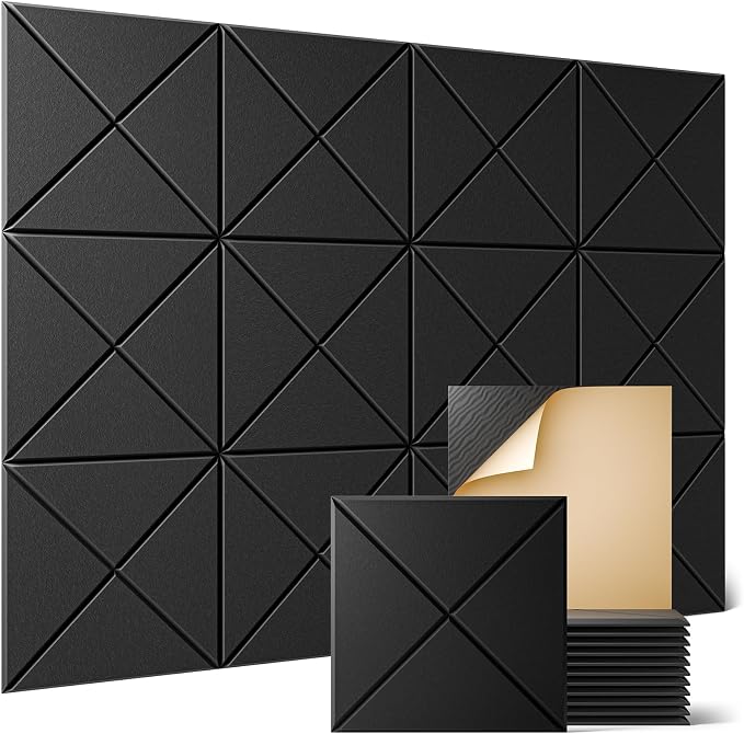 Sonicism 12 Pack X-Lined Acoustic Panels with Self-Adhesive, 12"X 12"X 0.4" Sound Proof Foam Panels, Decorative Soundproof Wall Panels, Sound Absorbing Tile for Home & Offices, Black by Sonicism