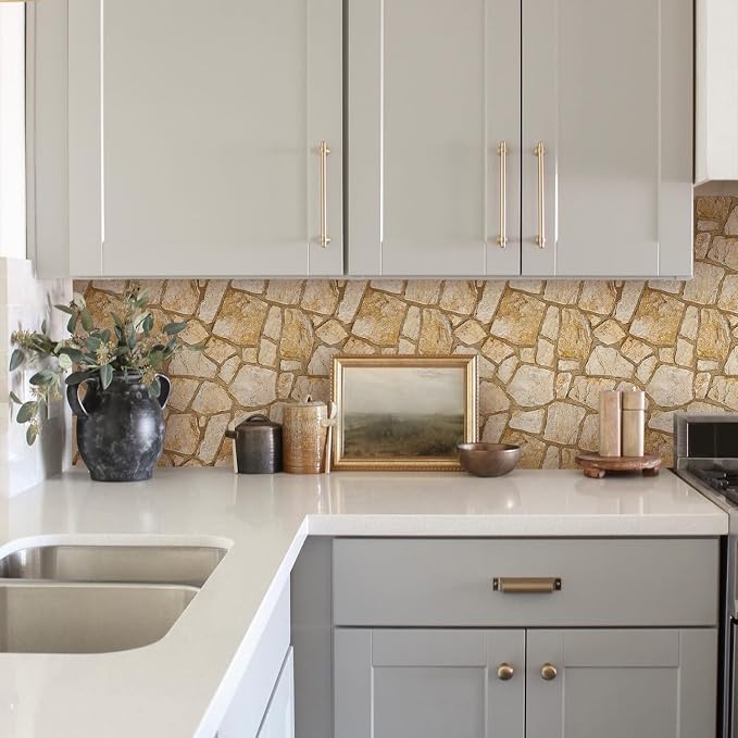 COMSTICKC 3D Faux Stone Wall Panels Peel and Stick, 10 Pcs 11.8" x 11.8" | Yellow, Not Real Stone Wall Wallpaper, Fake Stone Decorative Tiles Wall Covering for Quick DIY Wall Upgrades, Cover 9.7 sq ft - Image 7