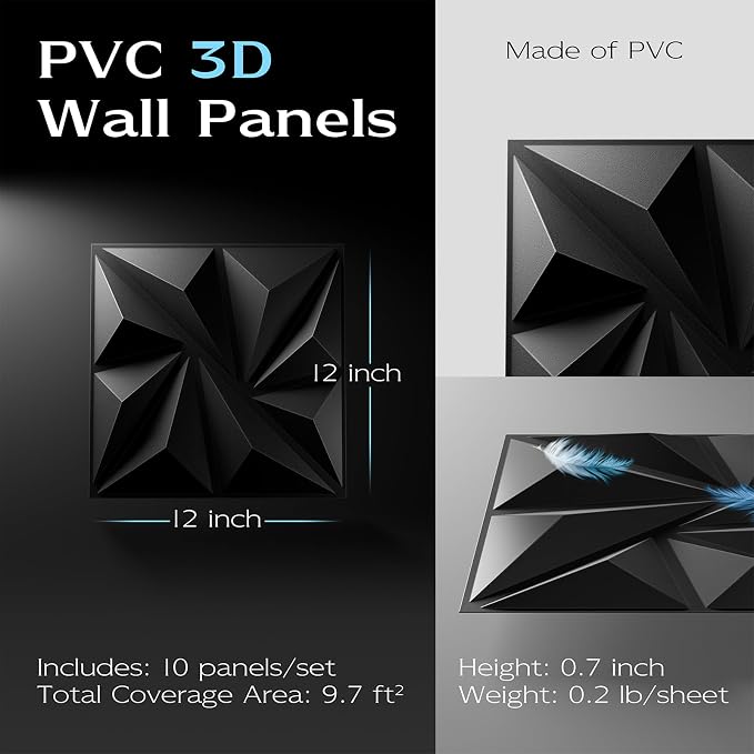 10-Pack 3D Wall Panels, 59" x 23", Black | Textured Geometric Design, PVC Material, Easy Install & Paintable, For Living Room, Bedroom, Bathroom, Office - Image 2
