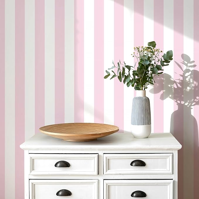 Cohoo Home Pink and White Peel and Stick Wallpaper Striped Cute 17.7"x787" | Stripe Contact Paper for Cabinets Modern Stripes Self-Adhesive Removable Wall Paper Cute Girls Bedroom Nursery Decor Vinyl - Image 2