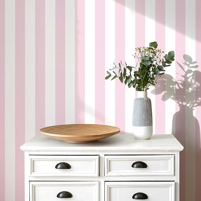 Cohoo Home Pink and White Peel and Stick Wallpaper Striped Cute 17.7"x197" | Stripe Contact Paper for Cabinets Modern Stripes Self-Adhesive Removable Wall Paper Cute Girls Bedroom Nursery Decor Vinyl - Image 2