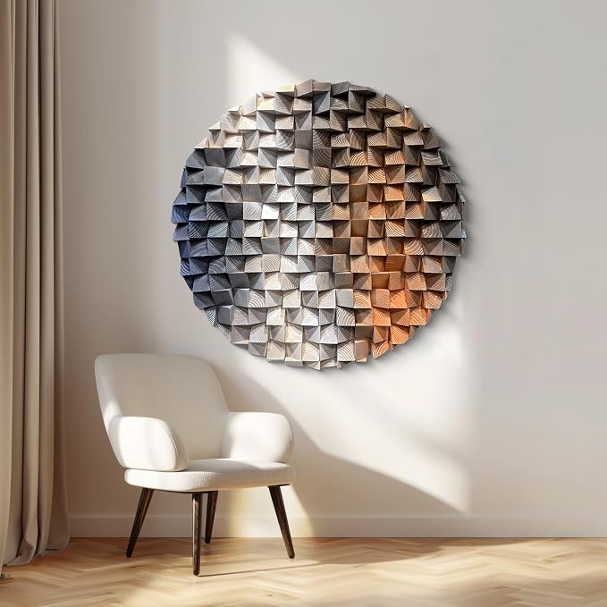 LIUZEYUE Large Round Wood Wall Art Featuring Sculptural Disc Texture | round 3D wall art; cool gray and rust, staggered mosaic surface; hotel lounge circular centerpiece; 47.2 in diameter - Image 7