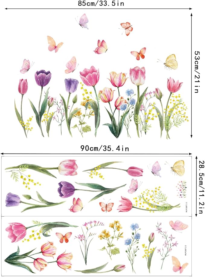 Tulip Flowers Wall Decals Watercolor Floral Butterfly Wall Stickers Colorful Flowers Wall Mural Removable Flower Peel and Stick Wall Art for Girls Bedroom Kids Nursery - Image 6