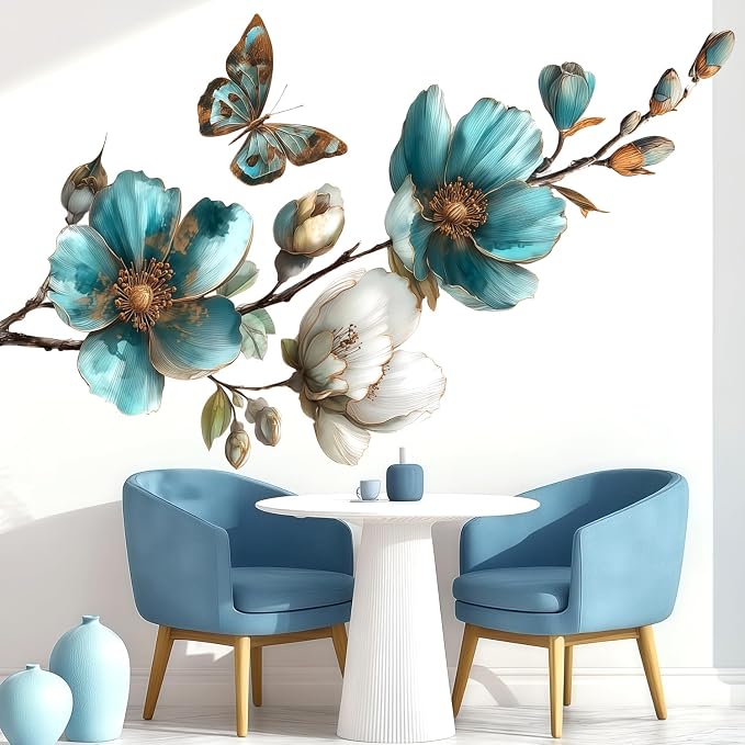 Teal Blue Flower Wall Decals with Butterfly - Large Floral Branch Wall Stickers for Living Room Bedroom, Peel and Stick Vinyl Art, Coastal Farmhouse Chinoiserie Decor, Removable Home Decoration - Image 5