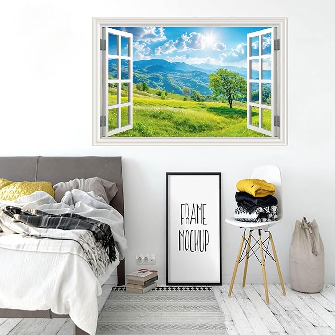 Fake Window Wall Sticker Summer Mountain Grassland Green Forest Tree Faux Window Poster Decal Picture Open Wall Art Decor, Stick and Peel Landscape Natural Scenery Sunshine Scene Mural,16"x24" - Image 7