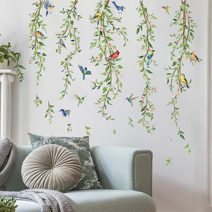 Green Leaf Vine Wall Decals, Hanging Plant Wall Stickers Birds | Floral Nature Decal Peel and Stick Mural for Bedroom Living Room Office TV Shower Door Home Decor - Image 4
