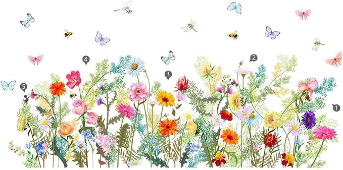 Wildflower Wall Decals, Colorful Floral with Butterflies, Bees and Dragonflies, Peel and Stick Removable Vinyl Stickers for Bedroom Living Room, 49.2x25.5in, 2 Sheets by Unknown