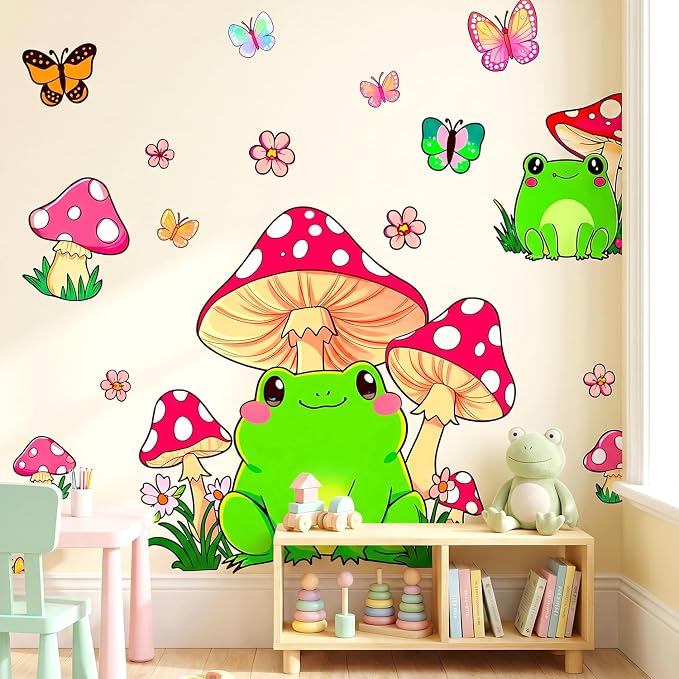 Frog Mushroom Butterfly Wall Decals, Floral Flowers Nursery Wall Stickers | Adorable forest butterflies flowers peel and stick wall decor, removable vinyl wall art mural for kids bedroom preschool - Image 6