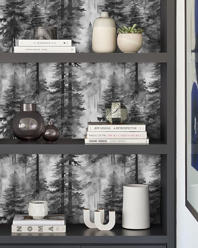 HAOKHOME Forest Peel and Stick Wallpaper Black White Tree Mural Bathroom | Textured Removable Modern Landscape Mountain Botanical Wall Paper Modern Waterproof Bathroom Bedroom Decor 17.3in x 9.8ft - Image 6