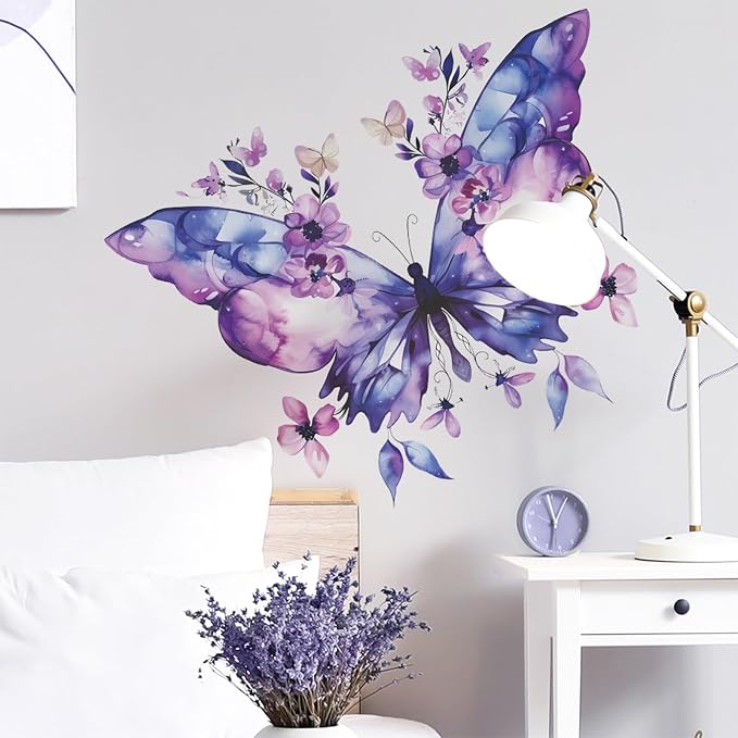 TUOKING Purple Butterfly Wall Stickers Removable PVC Wall Decals | Peel and Stick Floral Wall Art Murals Home Decor for Kitchen,Bedroom,Living Room(fun-e89) by TUOKING