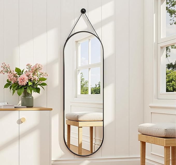 Dewfig 48"x16" Full Length Mirror, Oval Wall Mirror Leather Strap, Black by YourSpacePerfectlyReflected