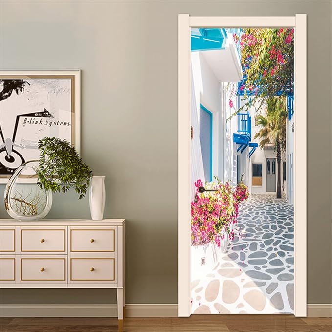 artfanke 3D Peel and Stick Door Sticker 33.5"x84.6"- Self-Adhesive Door Wallpaper Murals Decal-Romance Greek Street View Wall Poster for Home Decor (2 Sheets/Set) - Image 6
