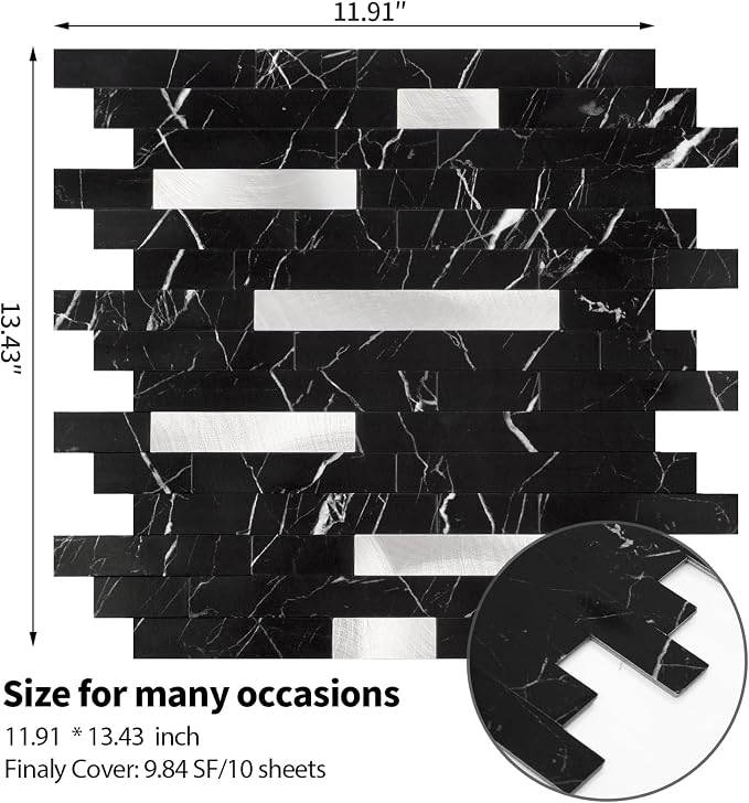 Yipscazo 20 Sheets Peel and Stick Stone Metal Tile Backsplash, Stick on Tiles for Backsplash Kitchen, Bathroom, Laundry Room, Camper, Fireplace (12'' X 12'', Pure Black) - Image 5