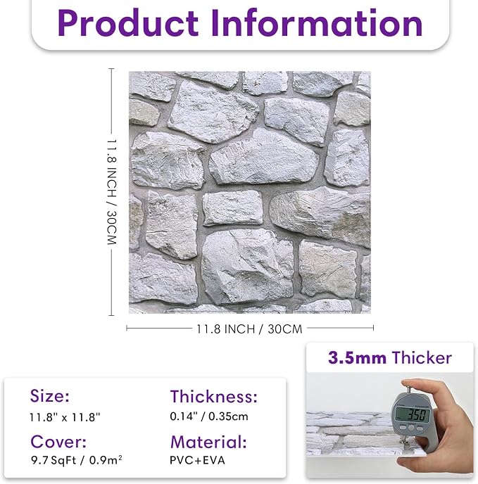 3D Peel and Stick Faux Stone Wall Panels 11.8" x 11.8" 10-Pack | Gray, Stone-Look Textured Wall Sticker, Thin Lightweight PVC Self Adhesive Wall Tiles for Interior Decor, Cover 9.7 sq ft - Image 5