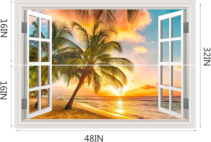 Fake Window Wall Decal- Summer Beach Ocean Coconut Trees Open Art Sticker | Faux Window Natural Scenery Landscape Mural ｜ Stick and Peel Wall Decals｜Room Bedroom Office Decor｜48"x32",Set of 2 Sheets - Image 4