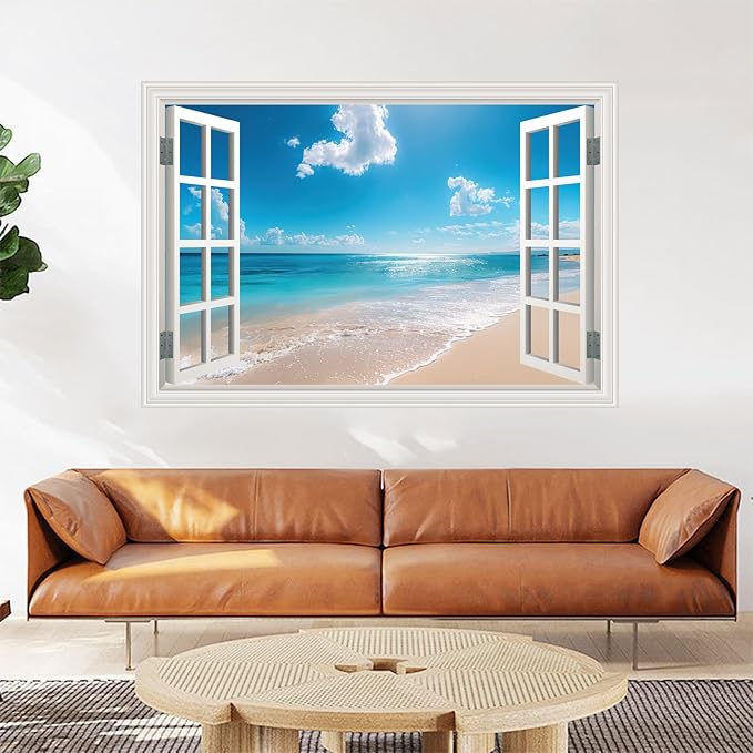 Fake Window Poster Wall Art Sticker - Summer Beach Faux Window Wall Mural for Wall Decor, Stick and Peel Wall Decals, 24" x 16" - Image 9
