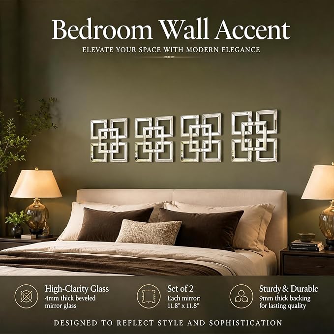 Square Decorative Wall Mirror 12 x 12 Inch, Silver Frameless Mirror Wall Decor with Beveled Edge, Modern Wall Mounted Accent Mirror for Living Room, Bedroom, Hallway, Set of 2 - Image 4