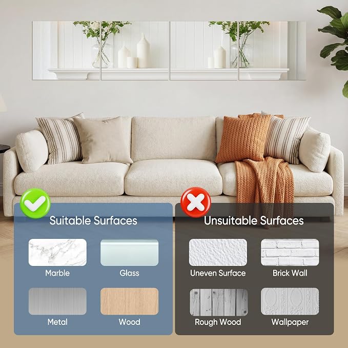 DUMOS 4 Pack Wall Mirror Tiles, Hallway Wall Mounted Mirror 16"x12" HD Glass Sheets, Square Mirrors for Walls, Full Length Mirrors Tiles for Home Gym, Bedroom, Door - Image 5