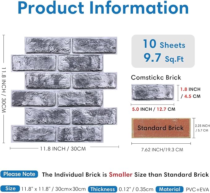 COMSTICKC 3D Faux Brick Wall Panels Peel and Stick, 10 Pcs 11.8" x 11.8" | Whitewash Black, Not Real Brick, Small Size, Thin PVC Brick Wall Sticker Covering Wallpaper for Wall Upgrades,Cover 9.7 sq ft - Image 4
