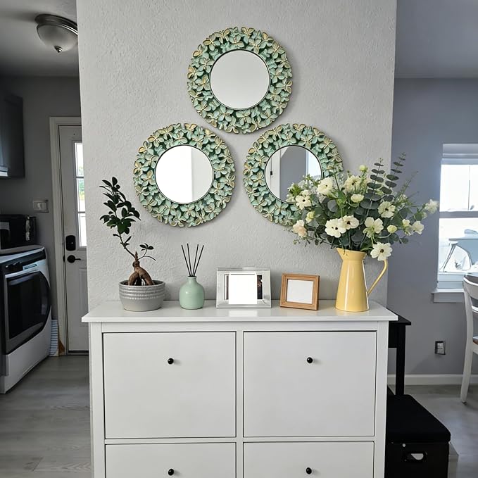 DXYAKY 3 Pack Floral Ornate Decorative Wall Mirror - Elegant Mint Green with Gold Accents, 9.8" Plastic Round Mirror Set, Lightweight Wall Art Décor for Bedroom, Bathroom, Living Room & Entryway - Image 2