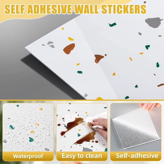Nuanchu 36 Pcs Peel and Stick Shower Waterproof Tiles Wall Panels 12 x 12 Inch Self Adhesive Backsplash with Ruler Knife & 2 Scrapers for Washroom Bathroom Living Room, Not Real Tile (Color Dots) - Image 3