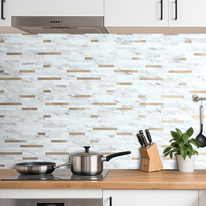 AULIGET 2 Sheets Faux Stone White Marble Peel and Stick Backsplash, PVC Mixed Metal Champagne Gold Wall Tile Stick on Backsplash for Kitchen and Bathroom - Image 6