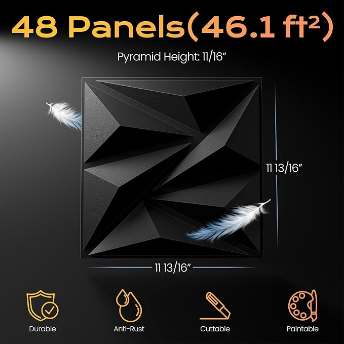 Sonicism Wall Panels 48Pack 3D Wall Panels 0.7"x11.8"x11.8"Creative Cutting | Pyramid PVC Wall Panels for Interior Wall Decor,Fire Resistant Wall Tiles for Bedroom Home Office Gaming Room(Charcoal Black) - Image 5