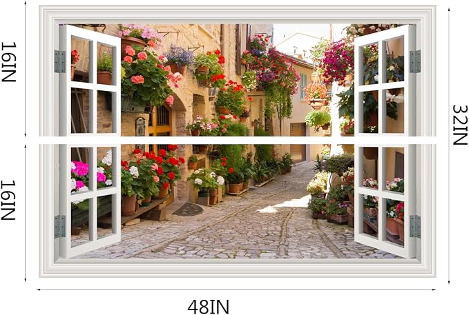 Fake Window Wall Decals Spring Italy Rose Alley Flower Wall Art Sticker | ｜Faux Window Natural Scenery Landscape Mural ｜ Stick and Peel Wall Decal｜Room Bedroom Office﻿ Decor｜48"x32",Set of 2 Sheets - Image 2