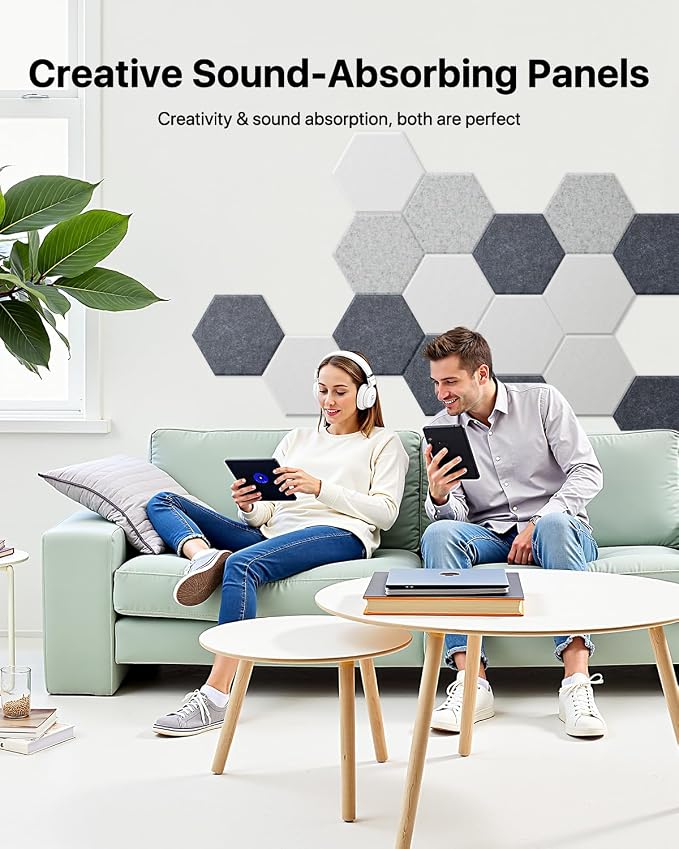 Soundsbay Hexagon Acoustic Panels, Self-Adhesive 18 Pack Sound Panels | 150kg/m³ High-Density Polyester, Covers 15 sq ft Soundproof Wall Panels for Walls, Office, Ceiling 12" X 10" Black - Image 6