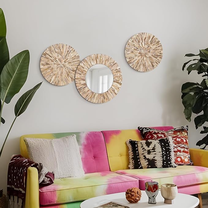 Boho Mother of Pearl Decorative Wall Mirror for Living Room,Brown - Image 4