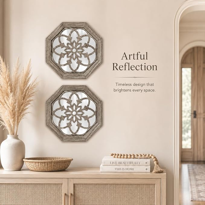 2 Pack 12 Inch Octagon Brown Rustic Wood Frame Acrylic Wall Mirrors, Farmhouse Boho Wall Art Decor for Living Room, Bedroom, Hallway, Entryway, Bathroom & Office - Image 5