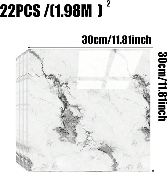 Chejiaye 22pcs Marble Peel and Stick Backsplash Waterproof Washroom Wall Panels, Peel and Stick Tile, PVC Foam Wall Panels for Kitchen,Bathroom,Living Room,White and Grey(Not Real Tile,11.8" x 11.8") - Image 4
