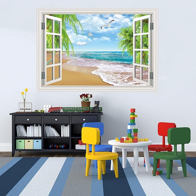 Fake Window Wall Decal- Summer Beach Ocean Coconut Trees Open Wall Sticker | Faux Window Natural Scenery Landscape Art Mural｜Stick and Peel Wall Decals｜for Room Bedroom Office Scene Picture Decor｜24"x16 - Image 5