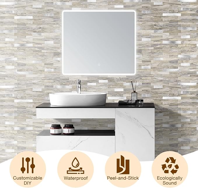 Peel and Stick Backsplash Tile Waterproof Removable PVC Wall Sticker 3D Faux Stone Marble Brick White Accent Panels (Gray - Yellow Stone - Metal Silver, 20 Tiles - 9 sq. ft. (0.84 M²)) - Image 8