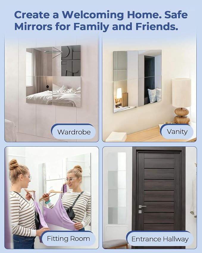 4 Pcs 16" x 16" Acrylic Flexible Mirror Sheets, Peel and Stick Mirror Tiles on Mirrors for Wall, Full Length Body Mirror for Home Gym, Bedroom, Door and Bathroom Decor - Image 7