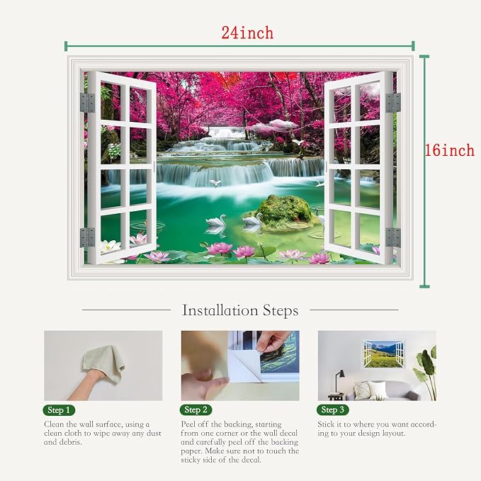 ‌Lmyhome Fake Window Wall Mural Waterfall (16"x24") | Peel and Stick Faux Window Wall Sticker Decal Poster for Bedroom Home Decor - Image 3
