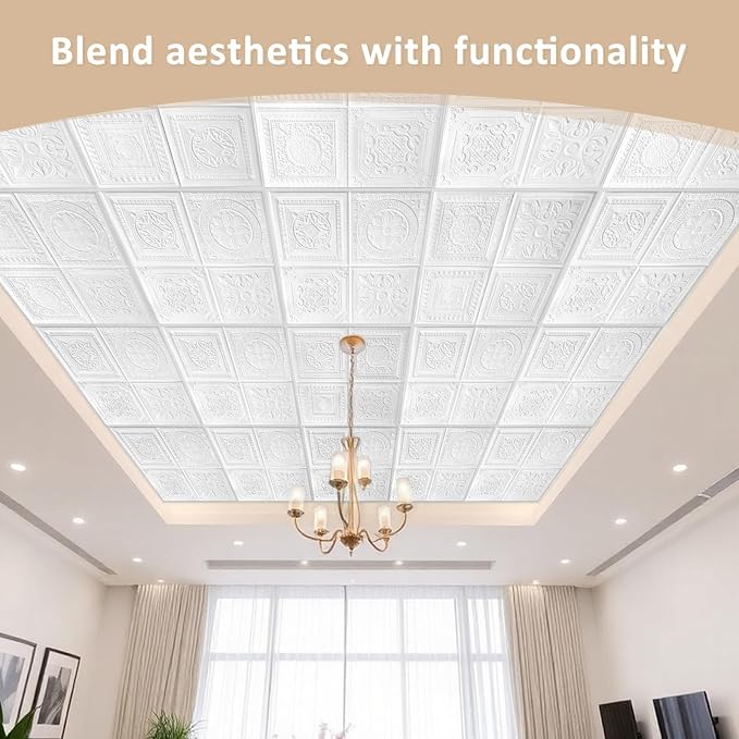 Nuanchu 40 Pcs 13.8 x 13.8 Inch Ceiling Tiles Peel and Stick, Various | Foam White 3D Wall Panels 26-105.5 Sq. ft Adhesive Glue up Waterproof Wallpaper for DIY Office Home - Image 5